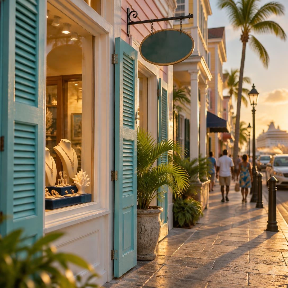 A diamond shop storefront on Bay Street in downtown Nassau, golden afternoon light